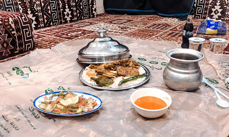 Traditional saudi food served in a traditional Najd restaurant